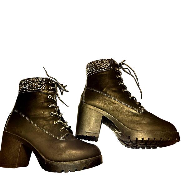 Zigisoho 7 Black Rhinestones Women's Combat Boots With 3 Inch Heel Shoes Sparkle - Picture 4 of 8